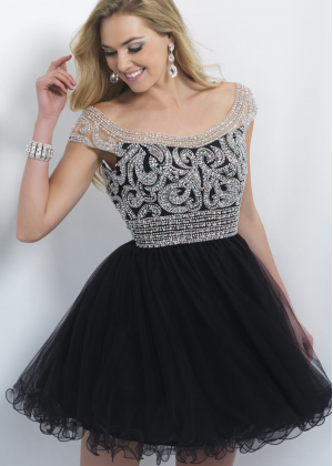 Beaded Black Tulle Low Back Short Homecoming Dress